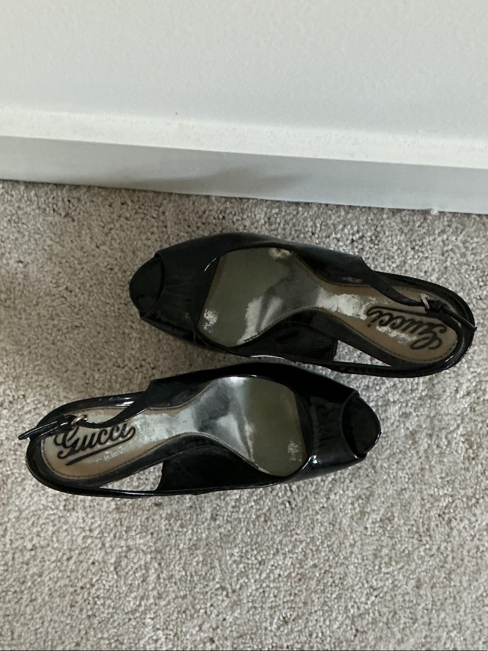 Gucci Black Patent Peep-Toe Slingback Heels